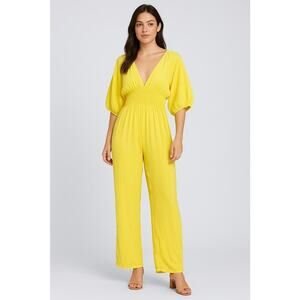 Karen-T Design Yellow Wide Leg Jumpsuit Size L Rayon Boho V-Neck Cruise